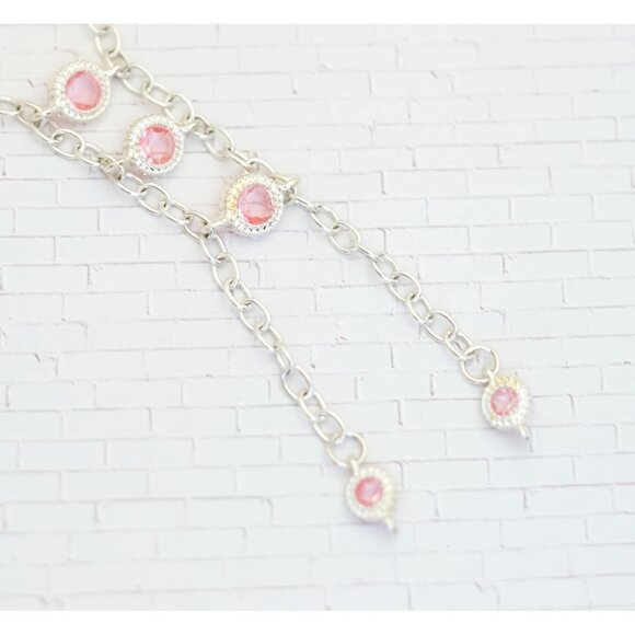26 inch, Vintage Pink Rhinestones Silver Tone Multi Chains Tassel Necklace - V23 - Picture 1 of 3